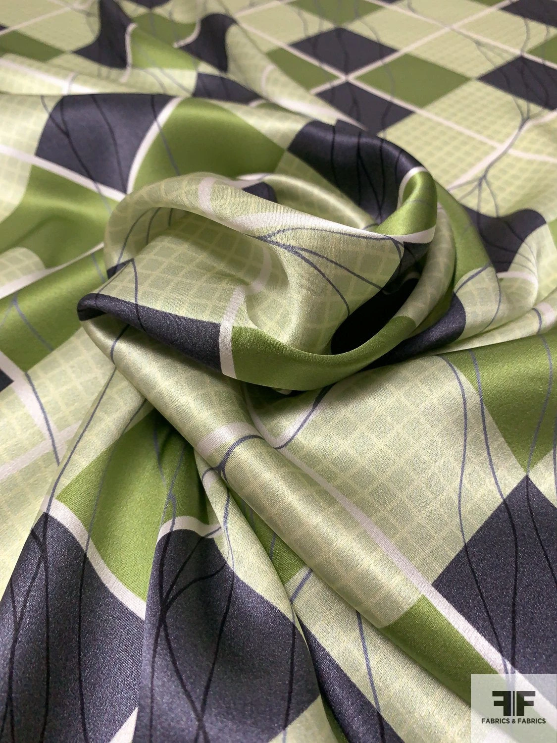 Argyle With Sketch Lines Printed Silk Charmeuse - Mint / Sage / Oliver / Steel Grey 6 Argyle With Sketch Lines Printed Silk Charmeuse - Mint / Sage / Oliver / Steel Grey - Image 4