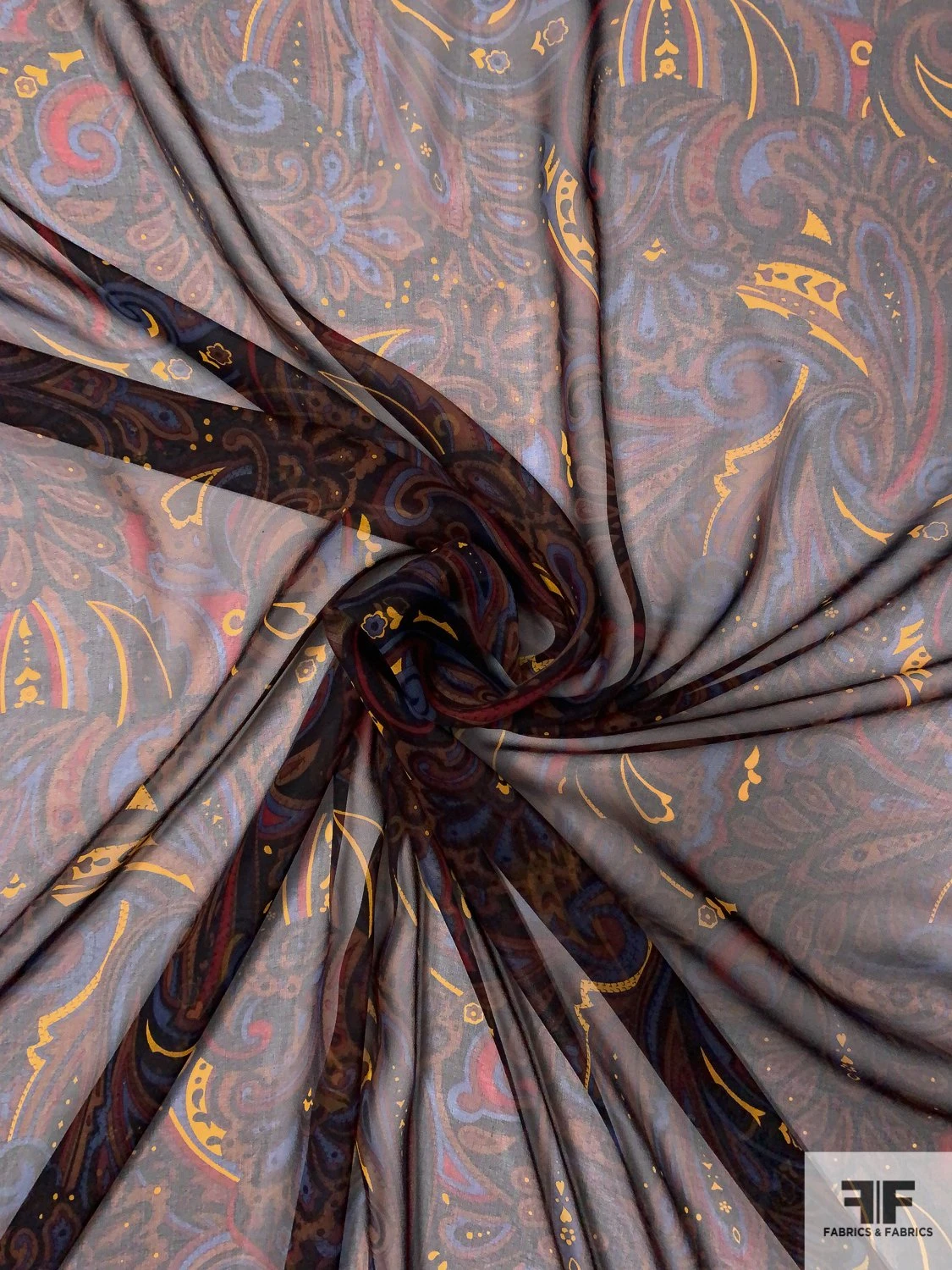 Paisley Leaf Printed Silk Chiffon - Brown / Turmeric / Blue / Maroon 4 Paisley Leaf Printed Silk Chiffon - Brown / Turmeric / Blue / Maroon - Image 2