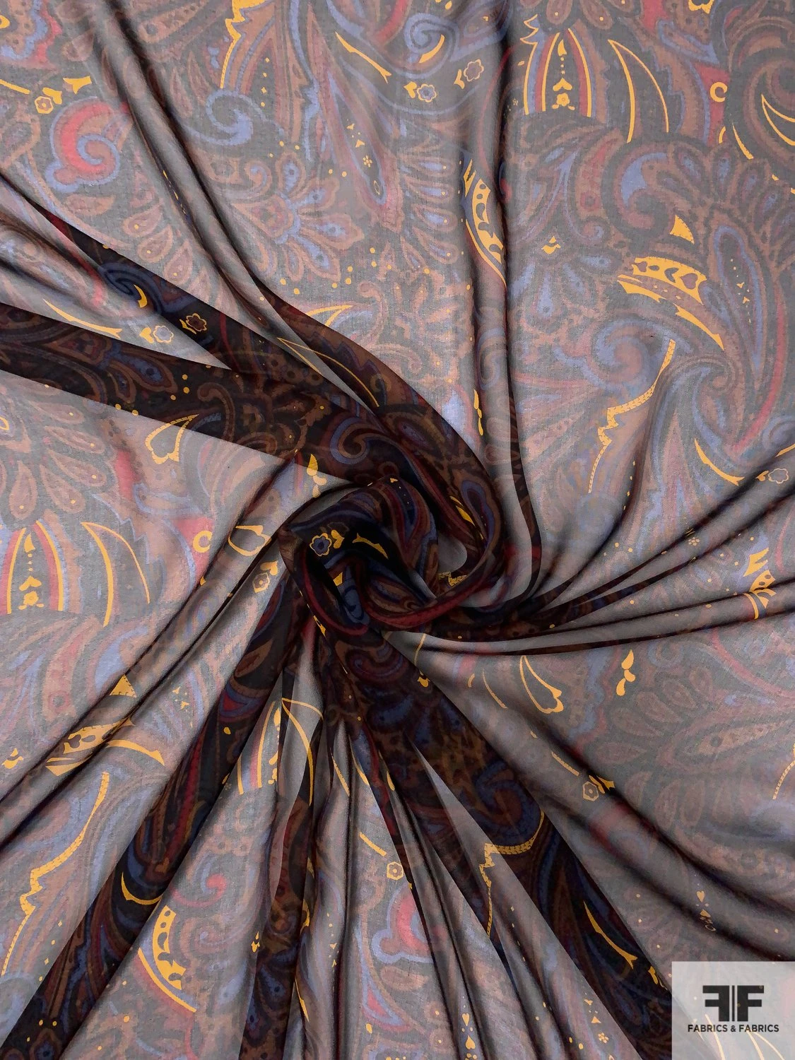 Paisley Leaf Printed Silk Chiffon - Brown / Turmeric / Blue / Maroon 5 Paisley Leaf Printed Silk Chiffon - Brown / Turmeric / Blue / Maroon - Image 3