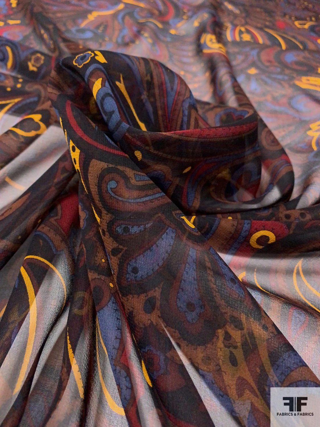Paisley Leaf Printed Silk Chiffon - Brown / Turmeric / Blue / Maroon 6 Paisley Leaf Printed Silk Chiffon - Brown / Turmeric / Blue / Maroon - Image 4