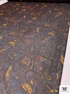 Paisley Leaf Printed Silk Chiffon - Brown / Turmeric / Blue / Maroon