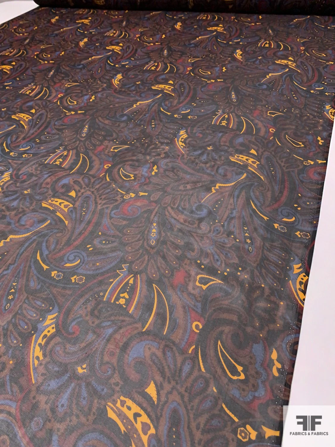 Paisley Leaf Printed Silk Chiffon - Brown / Turmeric / Blue / Maroon 3 Paisley Leaf Printed Silk Chiffon - Brown / Turmeric / Blue / Maroon