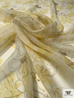 Floral On Floral Printed Silk Chiffon - Butter Yellow / Cream / Brown -Fabrics And Fabrics Store 10076 3