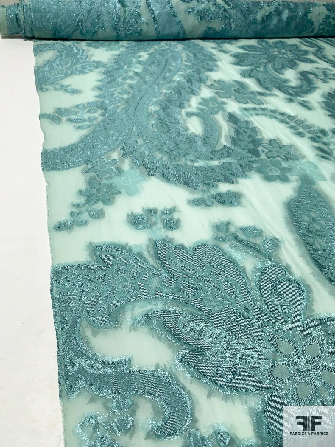 Italian Largescale Paisley Silk Chiffon Fil Coupé With Lurex - Dusty Turquoise 3 Italian Largescale Paisley Silk Chiffon Fil Coupé With Lurex - Dusty Turquoise
