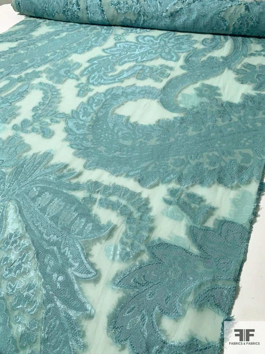 Italian Largescale Paisley Silk Chiffon Fil Coupé With Lurex - Dusty Turquoise 5 Italian Largescale Paisley Silk Chiffon Fil Coupé With Lurex - Dusty Turquoise - Image 3