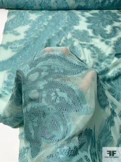 Italian Largescale Paisley Silk Chiffon Fil Coupé With Lurex - Dusty Turquoise 14 Italian Largescale Paisley Silk Chiffon Fil Coupé With Lurex - Dusty Turquoise -Fabrics And Fabrics Store 10162 3