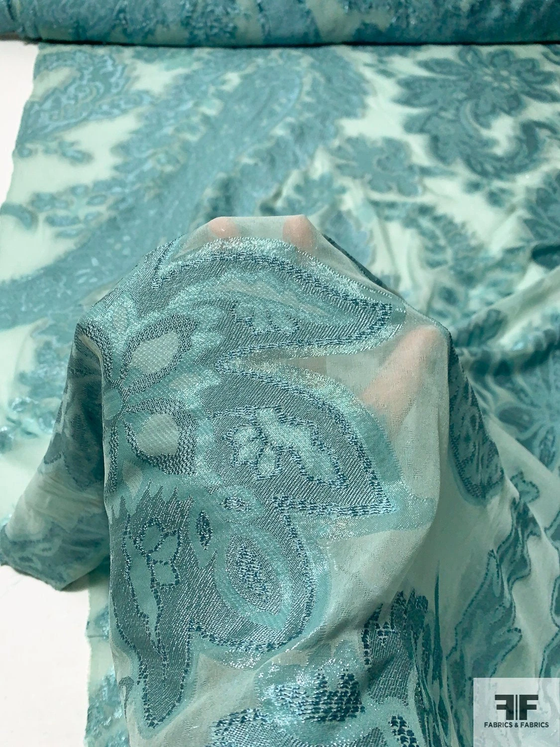 Italian Largescale Paisley Silk Chiffon Fil Coupé With Lurex - Dusty Turquoise 6 Italian Largescale Paisley Silk Chiffon Fil Coupé With Lurex - Dusty Turquoise - Image 4