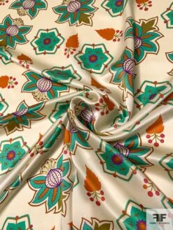 Graphic Leaf Floral Printed Silk Charmeuse - Turquoise / Ivory / Orange / Purple