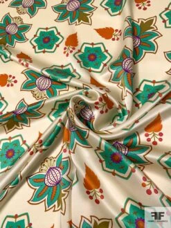 Graphic Leaf Floral Printed Silk Charmeuse - Turquoise / Ivory / Orange / Purple -Fabrics And Fabrics Store 10169 2