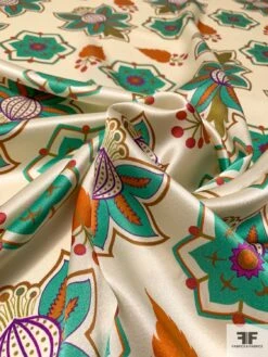 Graphic Leaf Floral Printed Silk Charmeuse - Turquoise / Ivory / Orange / Purple -Fabrics And Fabrics Store 10169 3