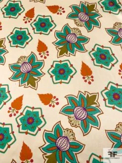 Graphic Leaf Floral Printed Silk Charmeuse - Turquoise / Ivory / Orange / Purple -Fabrics And Fabrics Store 10169 4