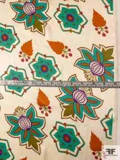 Graphic Leaf Floral Printed Silk Charmeuse - Turquoise / Ivory / Orange / Purple -Fabrics And Fabrics Store 10169 5