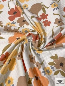 Painterly Autumn Floral Printed Diamond-Pattern Cotton Pique - Tan / Olive / Dusty Rose / Dusty Yellow / White