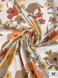 Painterly Autumn Floral Printed Diamond-Pattern Cotton Pique - Tan / Olive / Dusty Rose / Dusty Yellow / White -Fabrics And Fabrics Store 10239 2