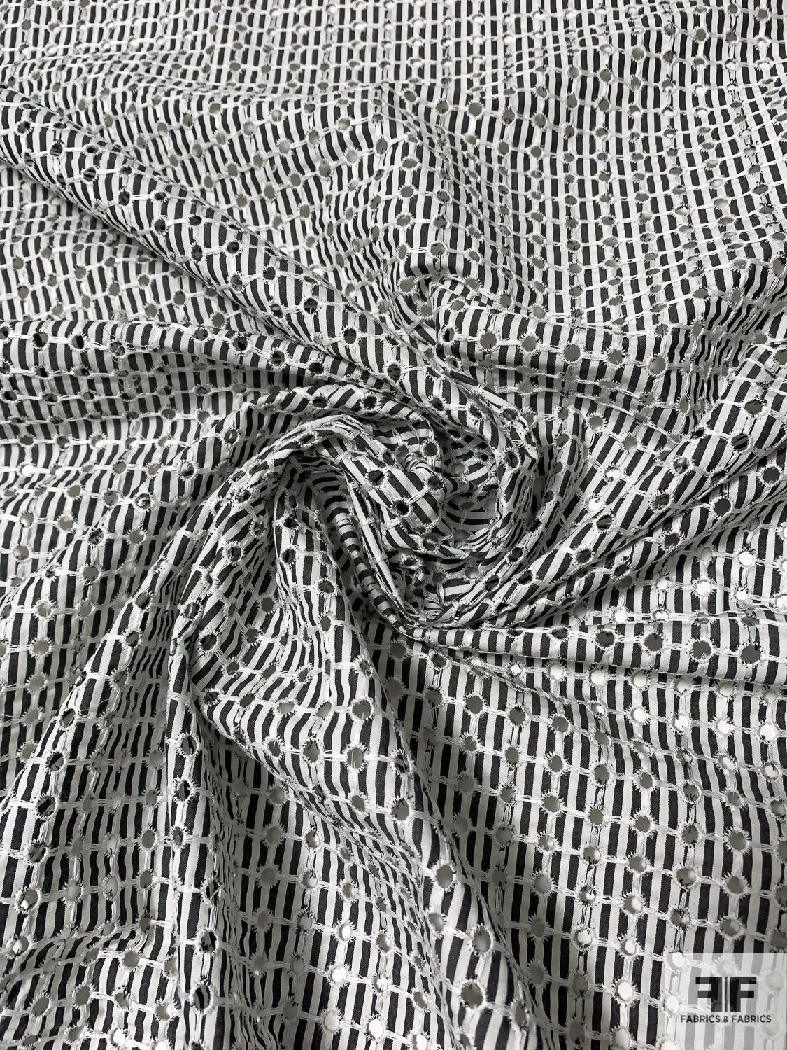 Striped Cotton Shirting With Small Eyelet Circles - Soft Black / Off-White / White 3 Striped Cotton Shirting With Small Eyelet Circles - Soft Black / Off-White / White