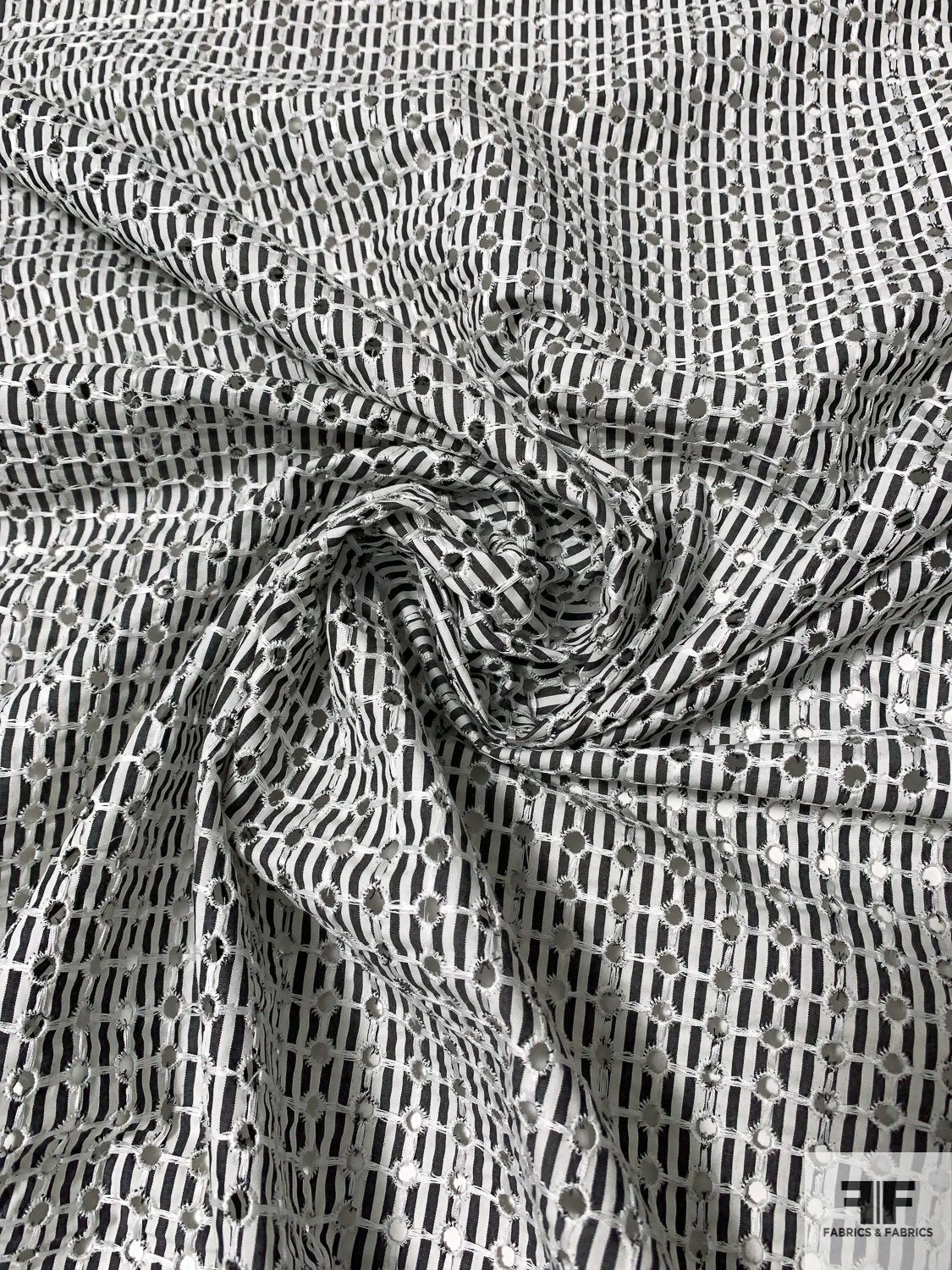 Striped Cotton Shirting With Small Eyelet Circles - Soft Black / Off-White / White 5 Striped Cotton Shirting With Small Eyelet Circles - Soft Black / Off-White / White - Image 3