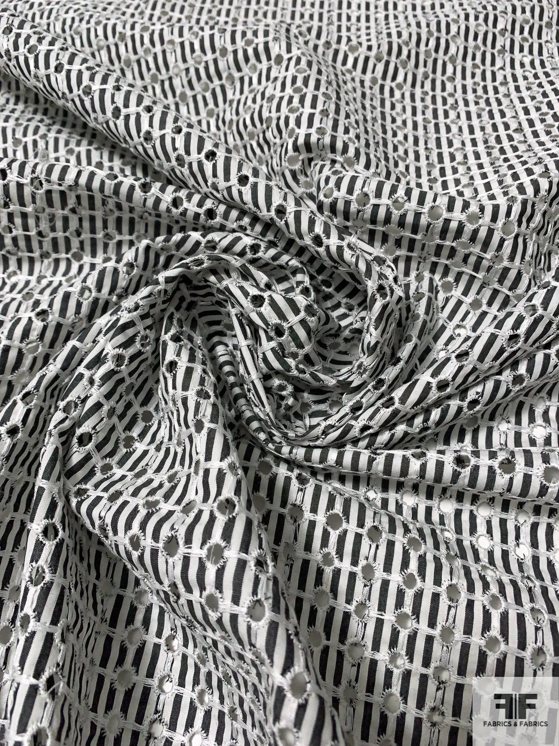 Striped Cotton Shirting With Small Eyelet Circles - Soft Black / Off-White / White 6 Striped Cotton Shirting With Small Eyelet Circles - Soft Black / Off-White / White - Image 4