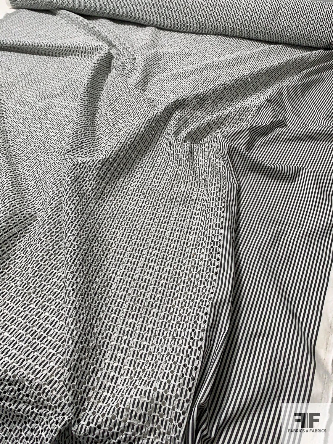 Striped Cotton Shirting With Small Eyelet Circles - Soft Black / Off-White / White 4 Striped Cotton Shirting With Small Eyelet Circles - Soft Black / Off-White / White - Image 2