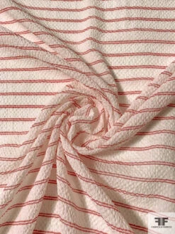 Italian Horizontal Striped Puckered Cotton Shirting - Ivory / Red