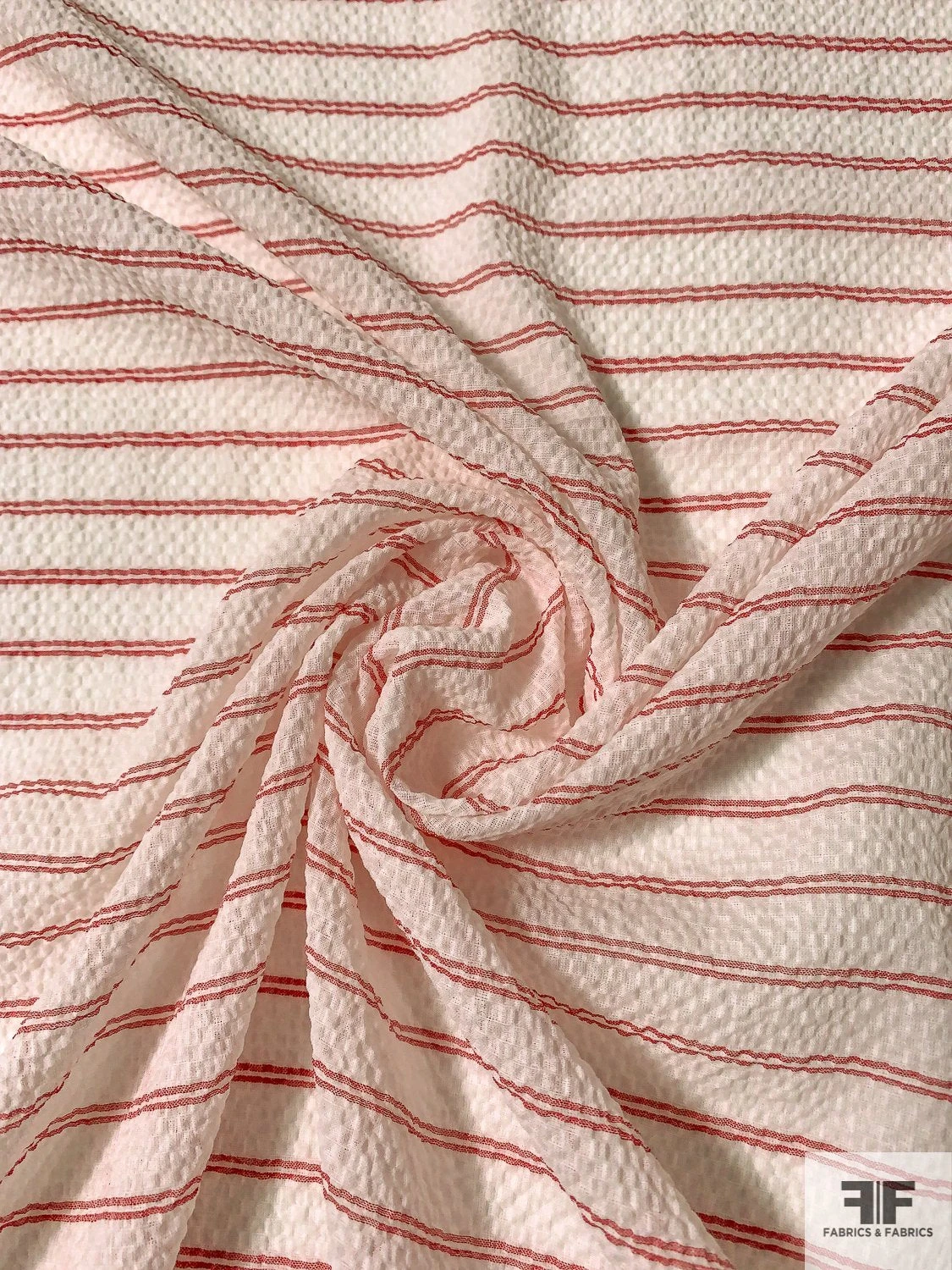 Italian Horizontal Striped Puckered Cotton Shirting - Ivory / Red 5 Italian Horizontal Striped Puckered Cotton Shirting - Ivory / Red - Image 3