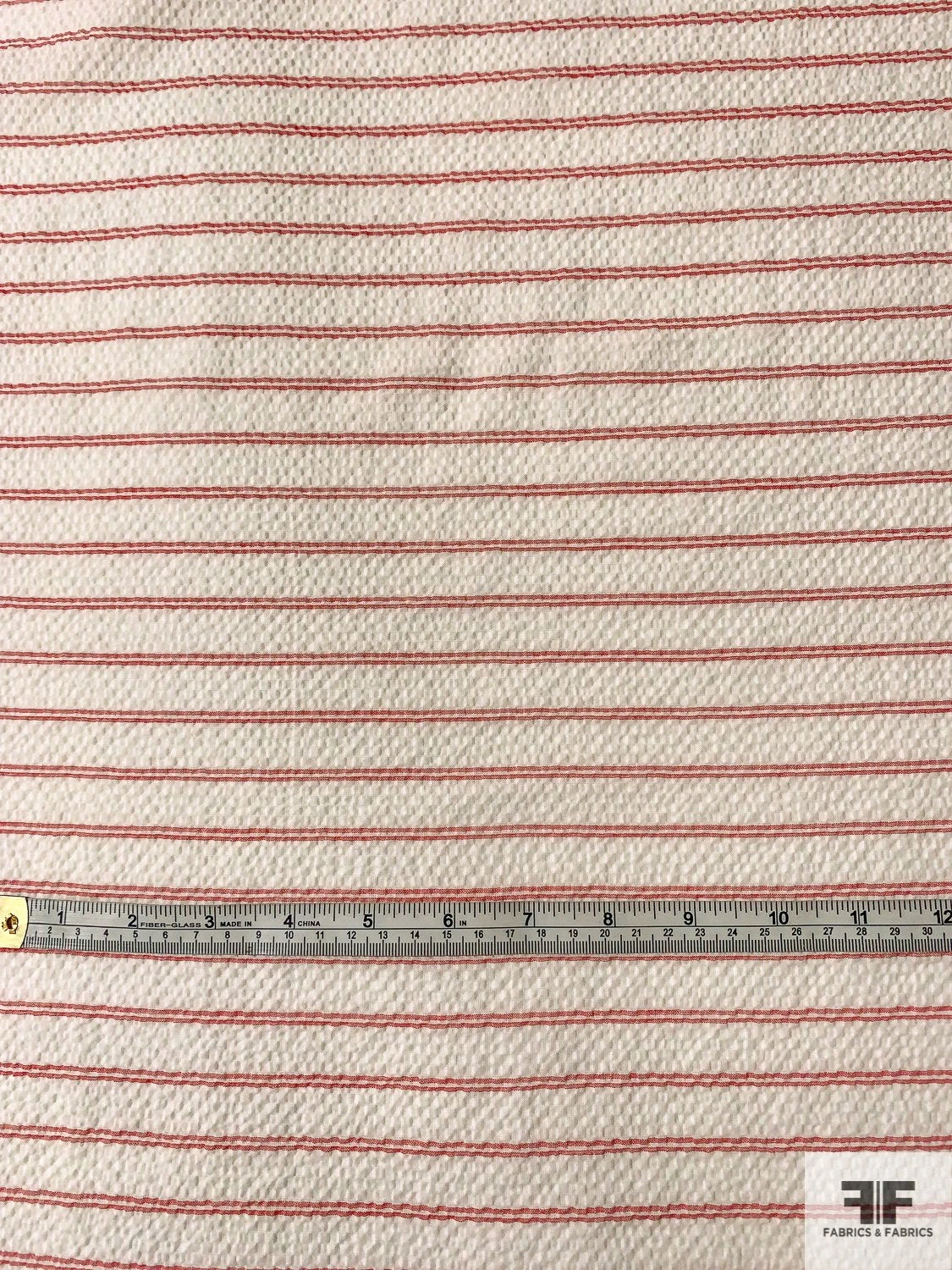 Italian Horizontal Striped Puckered Cotton Shirting - Ivory / Red 6 Italian Horizontal Striped Puckered Cotton Shirting - Ivory / Red - Image 4