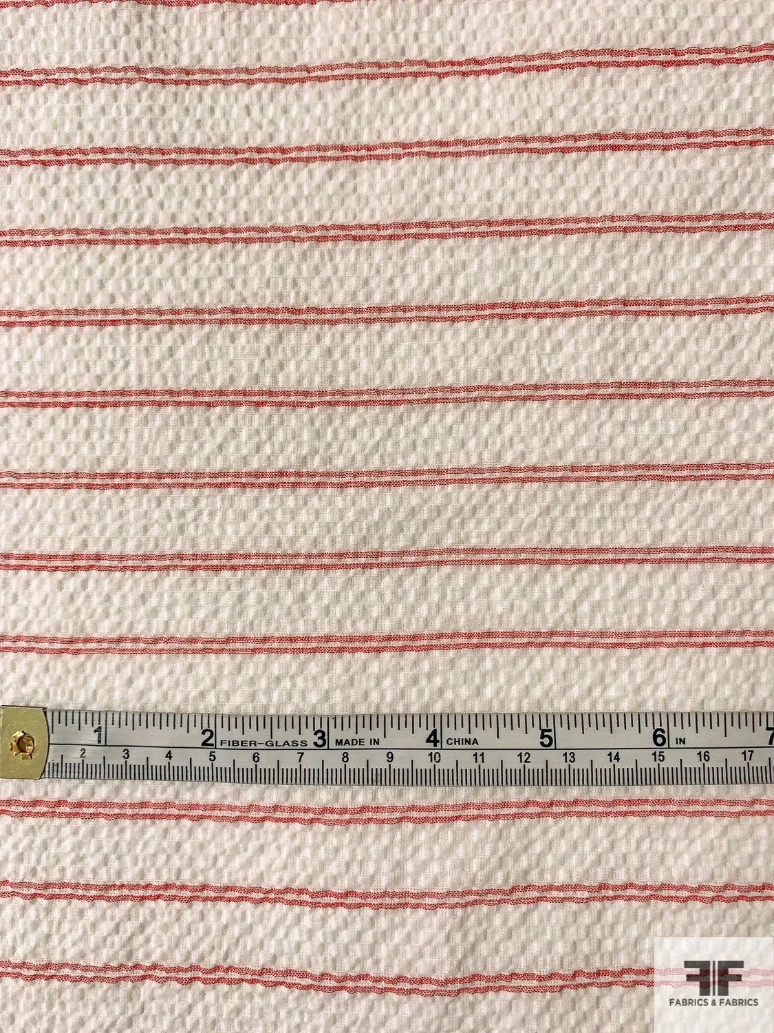 Italian Horizontal Striped Puckered Cotton Shirting - Ivory / Red 7 Italian Horizontal Striped Puckered Cotton Shirting - Ivory / Red - Image 5