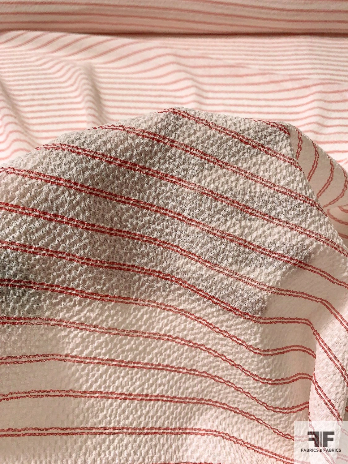 Italian Horizontal Striped Puckered Cotton Shirting - Ivory / Red 8 Italian Horizontal Striped Puckered Cotton Shirting - Ivory / Red - Image 6