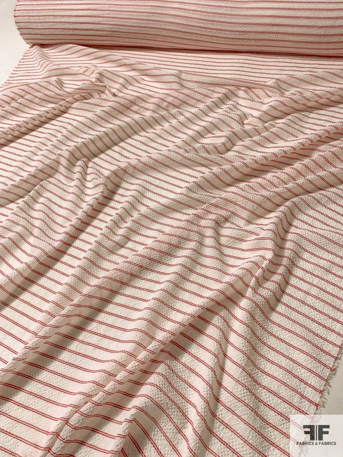 Italian Horizontal Striped Puckered Cotton Shirting - Ivory / Red 9 Italian Horizontal Striped Puckered Cotton Shirting - Ivory / Red - Image 7