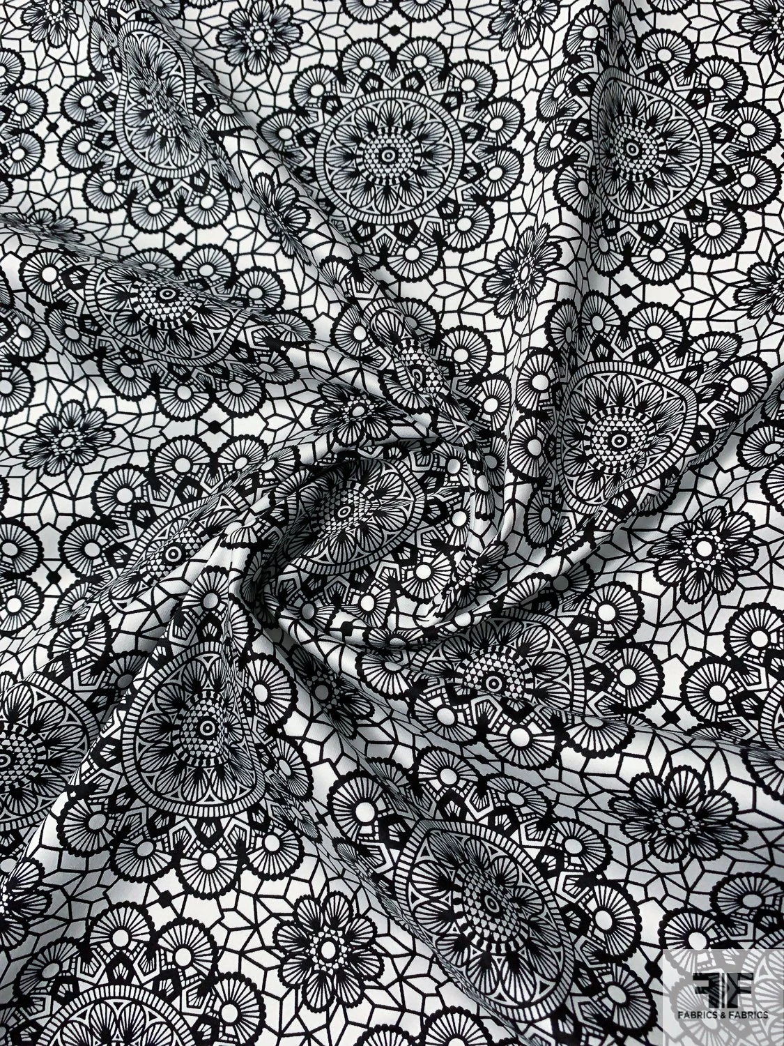 Kaleidoscope Floral Grid Printed Stretch Cotton Sateen - Black / Off-White 4 Kaleidoscope Floral Grid Printed Stretch Cotton Sateen - Black / Off-White - Image 2
