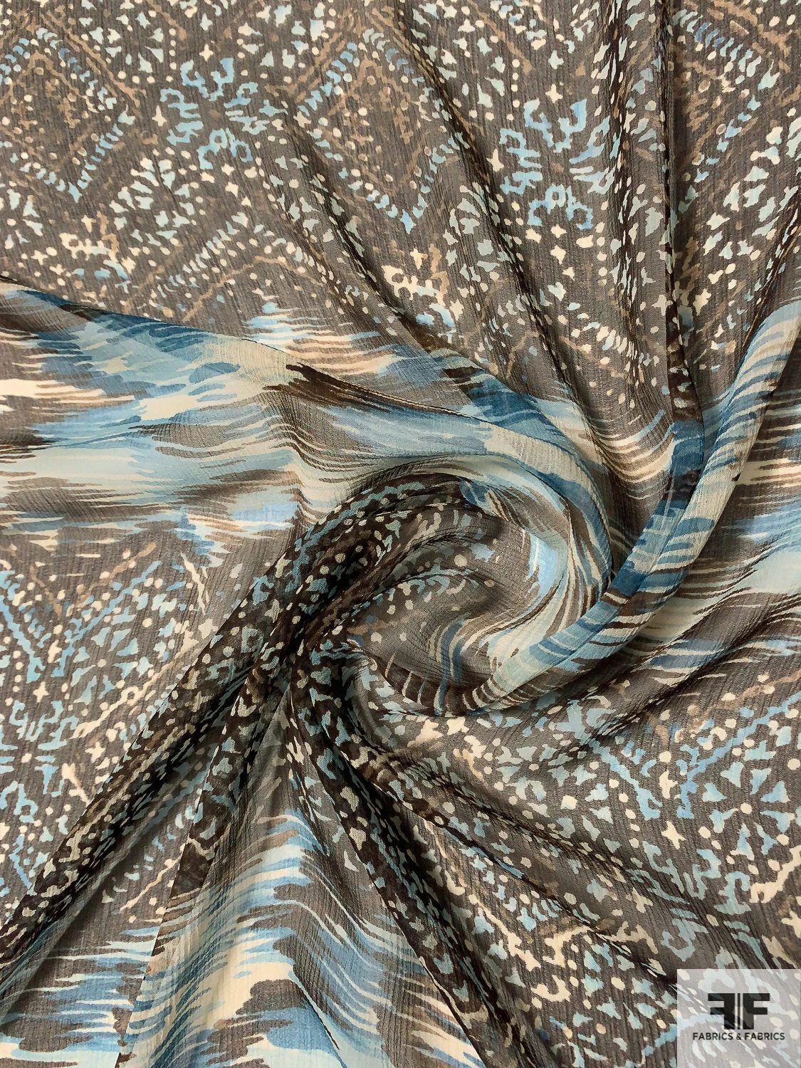 Linear Design Printed Crinkled Silk Chiffon - Teal / Coffeebean Brown / Off-White 5 Linear Design Printed Crinkled Silk Chiffon - Teal / Coffeebean Brown / Off-White - Image 3