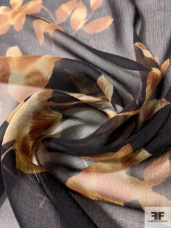 Gentle Floral Printed Crinkled Silk Chiffon - Black / Browns / Off-White -Fabrics And Fabrics Store 11021 3
