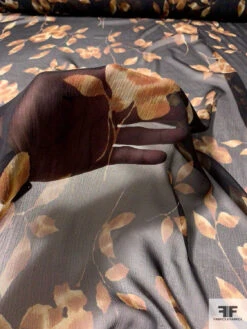 Gentle Floral Printed Crinkled Silk Chiffon - Black / Browns / Off-White -Fabrics And Fabrics Store 11021 7