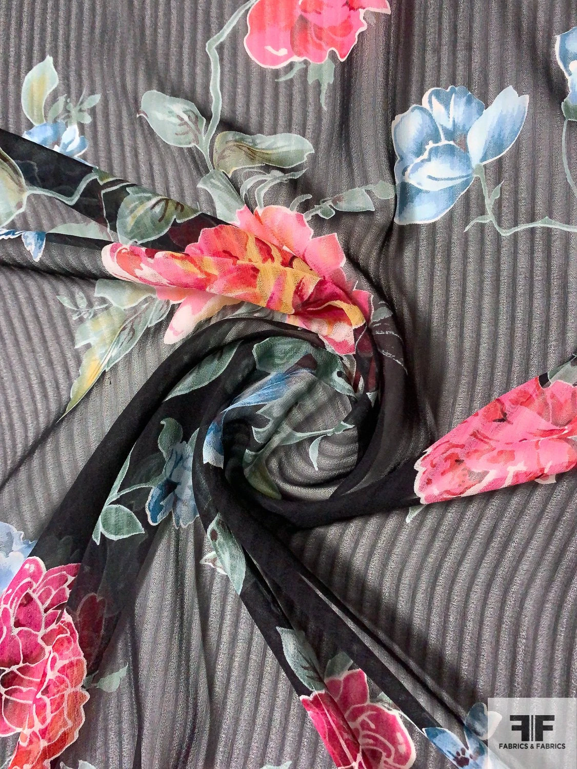 Gorgeous Floral Printed And Shadow Striped Silk Chiffon - Shades Of Rose / Dusty Green / Blues 3 Gorgeous Floral Printed And Shadow Striped Silk Chiffon - Shades Of Rose / Dusty Green / Blues