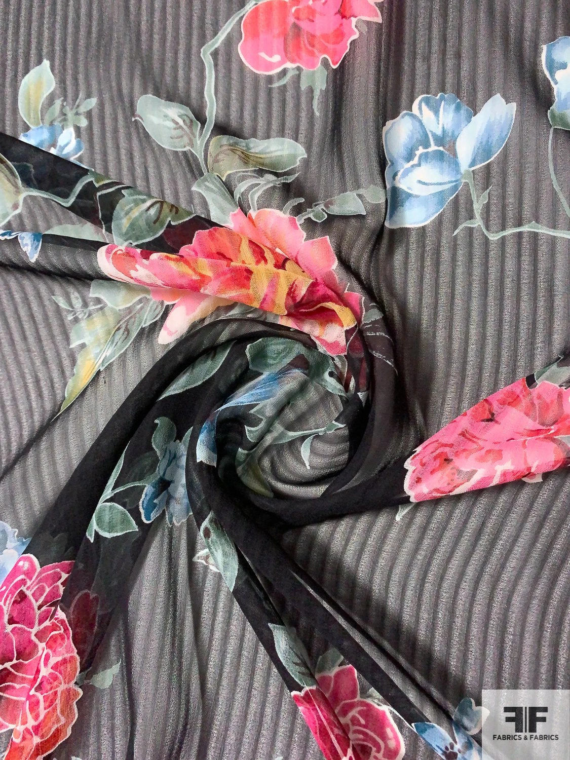 Gorgeous Floral Printed And Shadow Striped Silk Chiffon - Shades Of Rose / Dusty Green / Blues 5 Gorgeous Floral Printed And Shadow Striped Silk Chiffon - Shades Of Rose / Dusty Green / Blues - Image 3