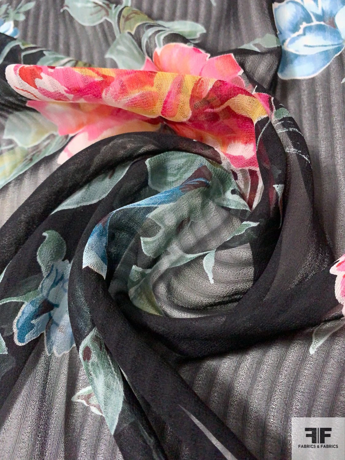 Gorgeous Floral Printed And Shadow Striped Silk Chiffon - Shades Of Rose / Dusty Green / Blues 6 Gorgeous Floral Printed And Shadow Striped Silk Chiffon - Shades Of Rose / Dusty Green / Blues - Image 4