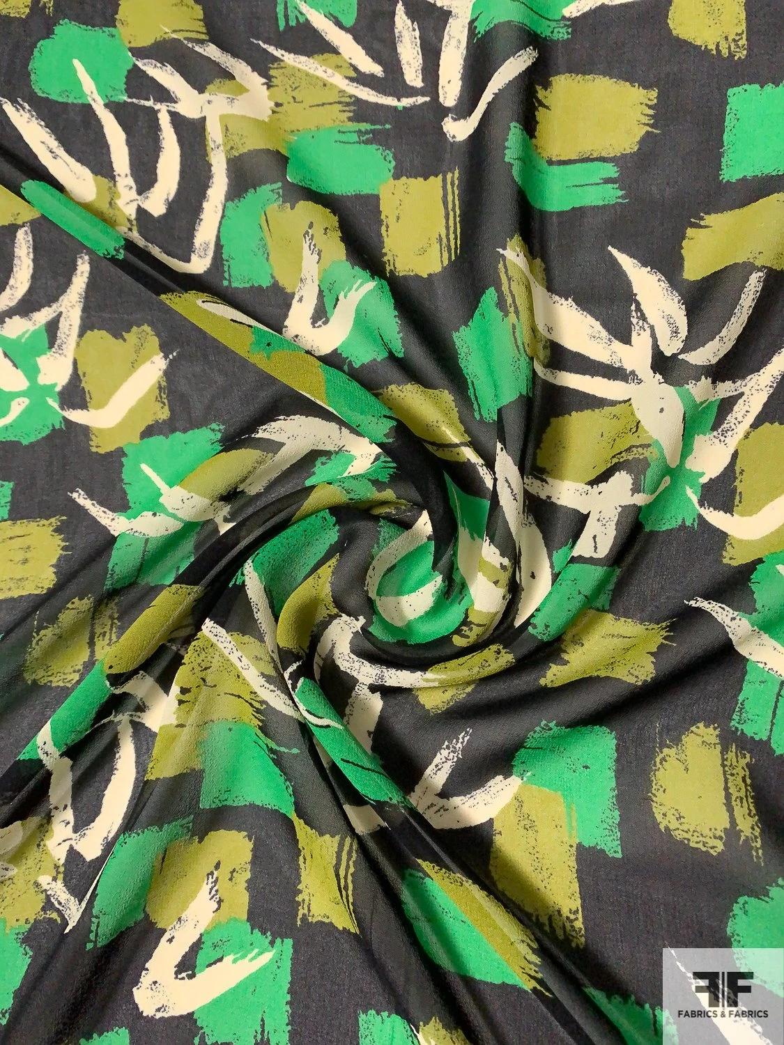 Painterly Brushstroke Printed Silk Chiffon - Kelly Green / Olive Green / Black / Off-White 3 Painterly Brushstroke Printed Silk Chiffon - Kelly Green / Olive Green / Black / Off-White