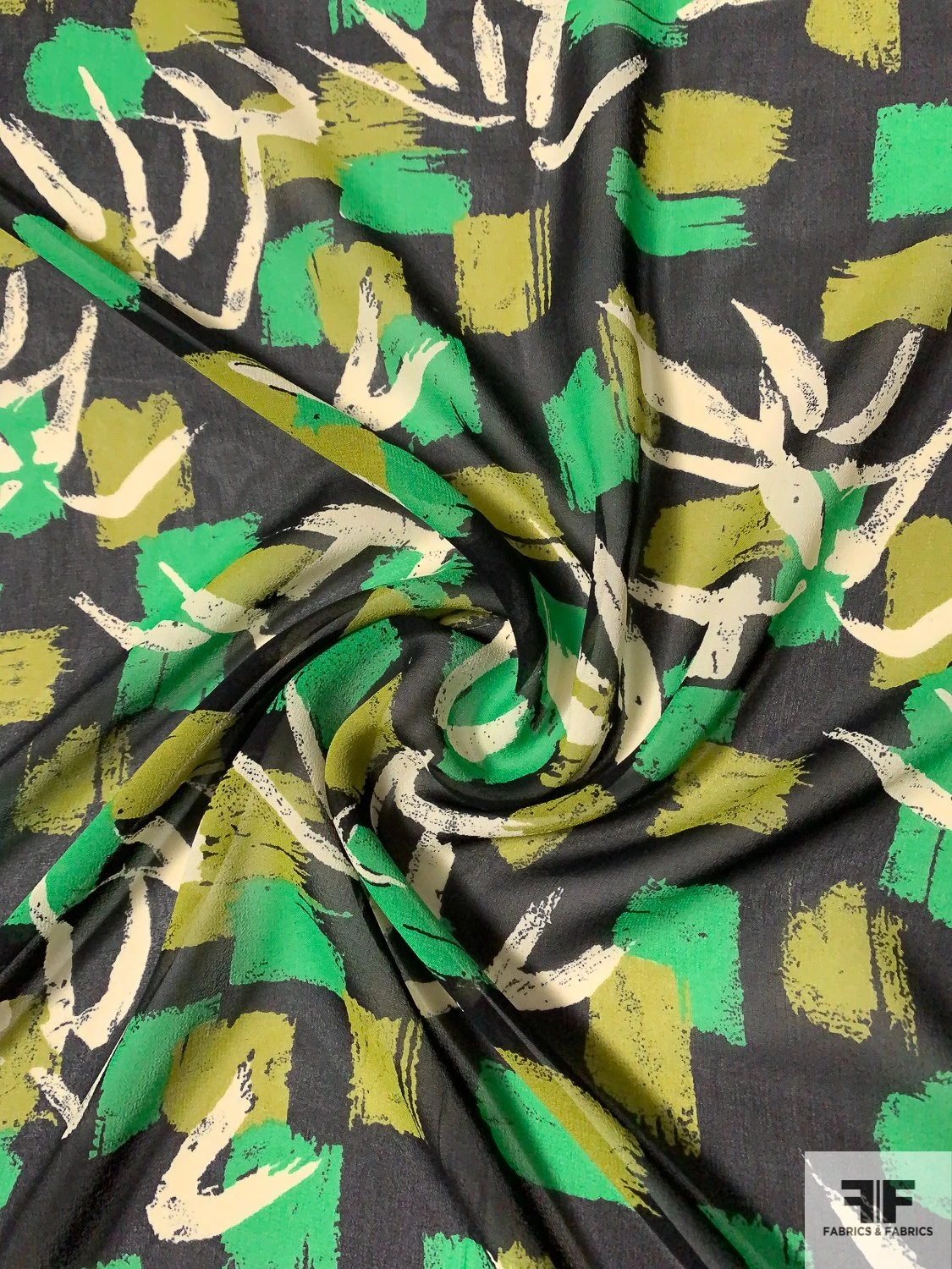 Painterly Brushstroke Printed Silk Chiffon - Kelly Green / Olive Green / Black / Off-White 5 Painterly Brushstroke Printed Silk Chiffon - Kelly Green / Olive Green / Black / Off-White - Image 3