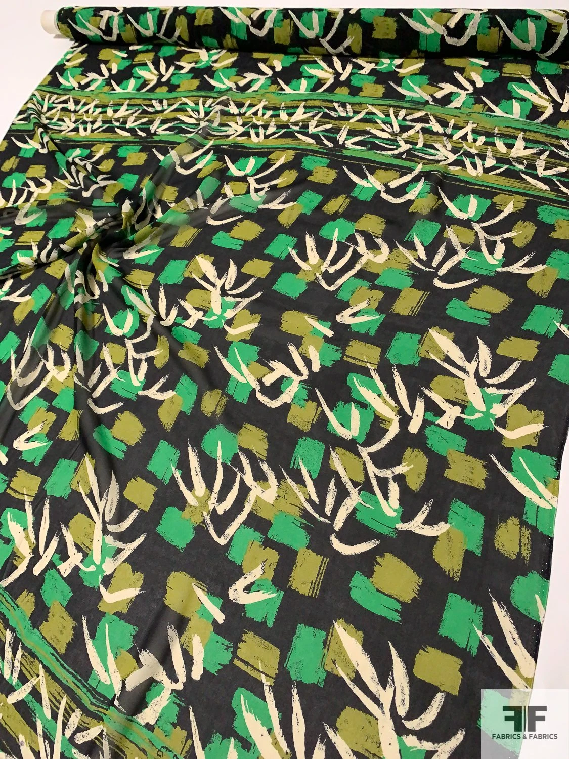 Painterly Brushstroke Printed Silk Chiffon - Kelly Green / Olive Green / Black / Off-White 4 Painterly Brushstroke Printed Silk Chiffon - Kelly Green / Olive Green / Black / Off-White - Image 2