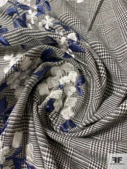 Lela Rose Floral Border Pattern Embroidered Glen Plaid Yarn-Dyed Stretch Cotton Suiting - Dark Periwinkle / Black / Off-White -Fabrics And Fabrics Store 11140 3