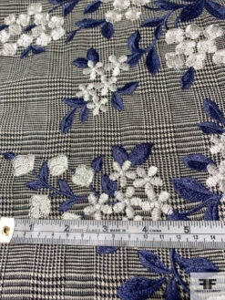 Lela Rose Floral Border Pattern Embroidered Glen Plaid Yarn-Dyed Stretch Cotton Suiting - Dark Periwinkle / Black / Off-White -Fabrics And Fabrics Store 11140 6