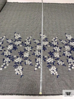 Lela Rose Floral Border Pattern Embroidered Glen Plaid Yarn-Dyed Stretch Cotton Suiting - Dark Periwinkle / Black / Off-White -Fabrics And Fabrics Store 11140 7