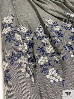 Lela Rose Floral Border Pattern Embroidered Glen Plaid Yarn-Dyed Stretch Cotton Suiting - Dark Periwinkle / Black / Off-White
