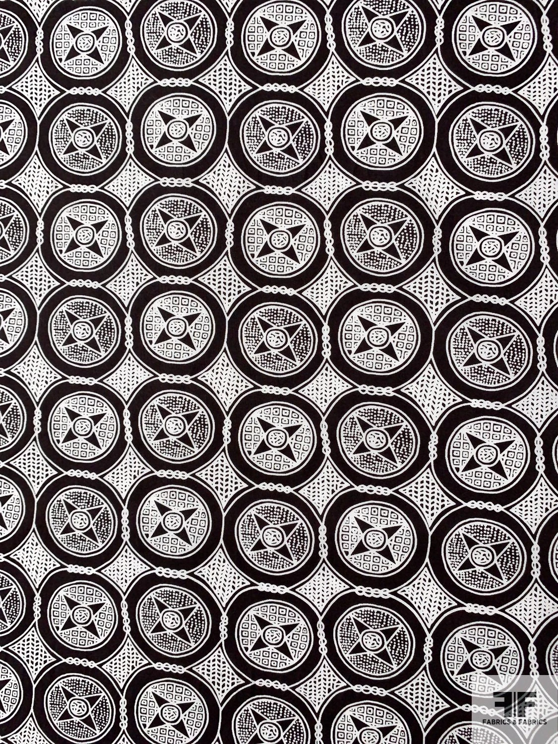 Art Deco Medallion Circles Printed Cotton Shirting - Black / White 3 Art Deco Medallion Circles Printed Cotton Shirting - Black / White