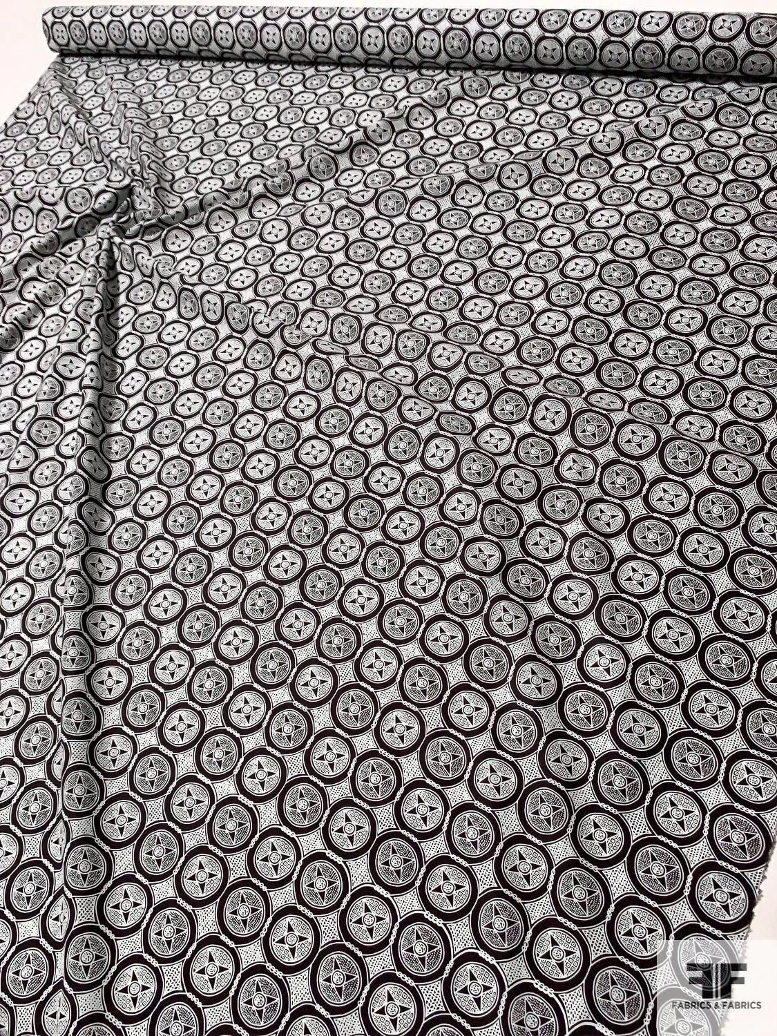 Art Deco Medallion Circles Printed Cotton Shirting - Black / White 4 Art Deco Medallion Circles Printed Cotton Shirting - Black / White - Image 2