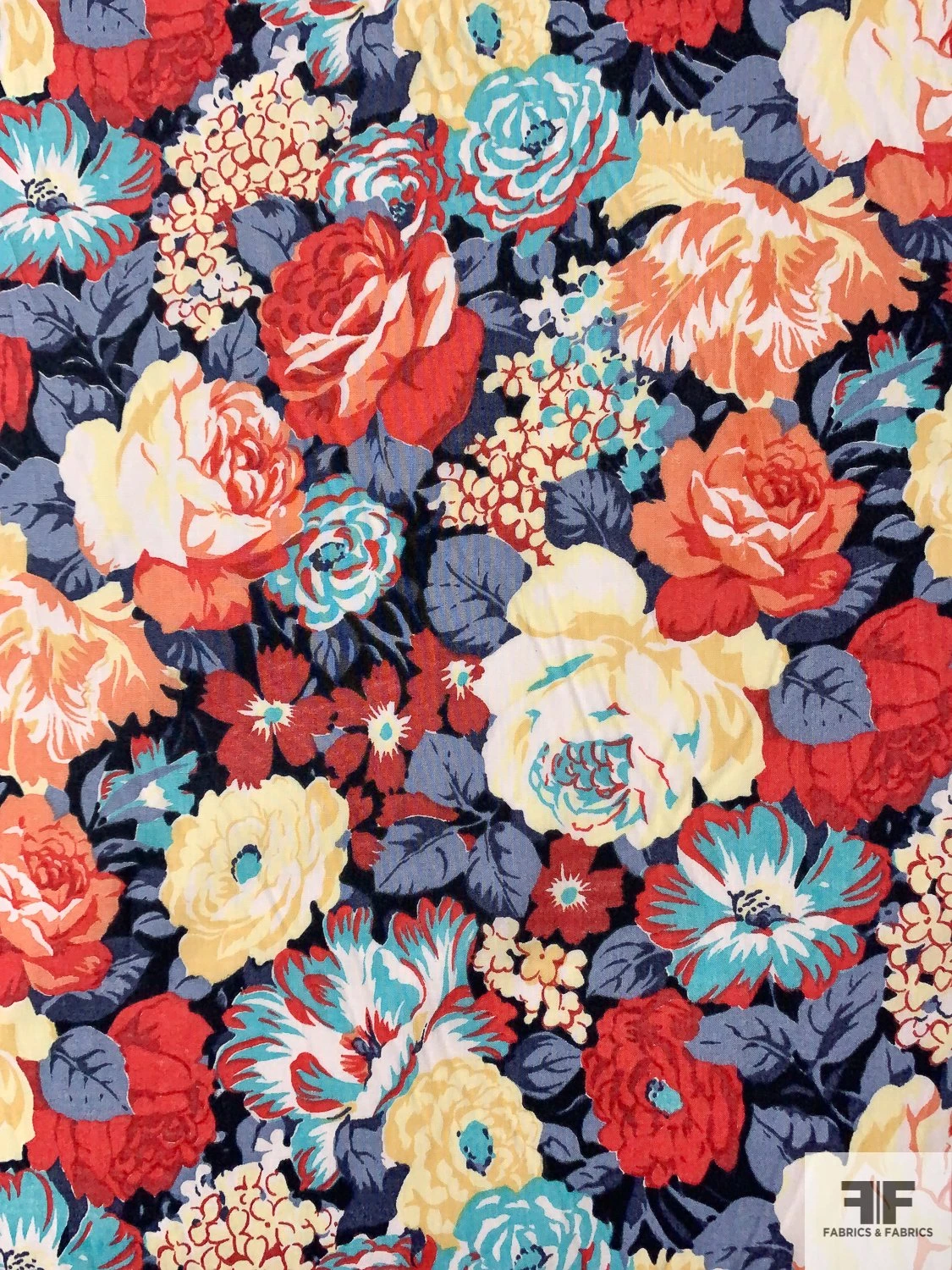 Liberty-Like Floral Printed Cotton Lawn - Navy / Dark Salmon / Turquoise / Pastel Yellow 4 Liberty-Like Floral Printed Cotton Lawn - Navy / Dark Salmon / Turquoise / Pastel Yellow - Image 2