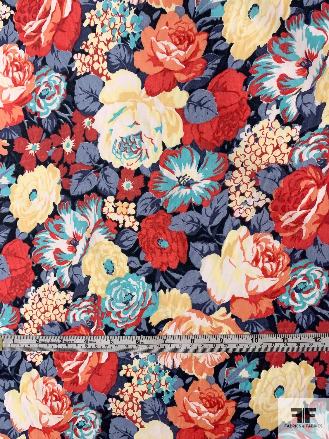 Liberty-Like Floral Printed Cotton Lawn - Navy / Dark Salmon / Turquoise / Pastel Yellow 7 Liberty-Like Floral Printed Cotton Lawn - Navy / Dark Salmon / Turquoise / Pastel Yellow - Image 5