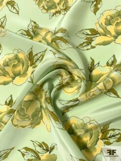 Watercolor Floral Blossoms Printed Silk Crepe De Chine - Mint / Yellow / Olive Green
