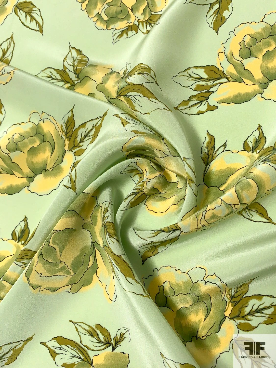 Watercolor Floral Blossoms Printed Silk Crepe De Chine - Mint / Yellow / Olive Green 3 Watercolor Floral Blossoms Printed Silk Crepe De Chine - Mint / Yellow / Olive Green