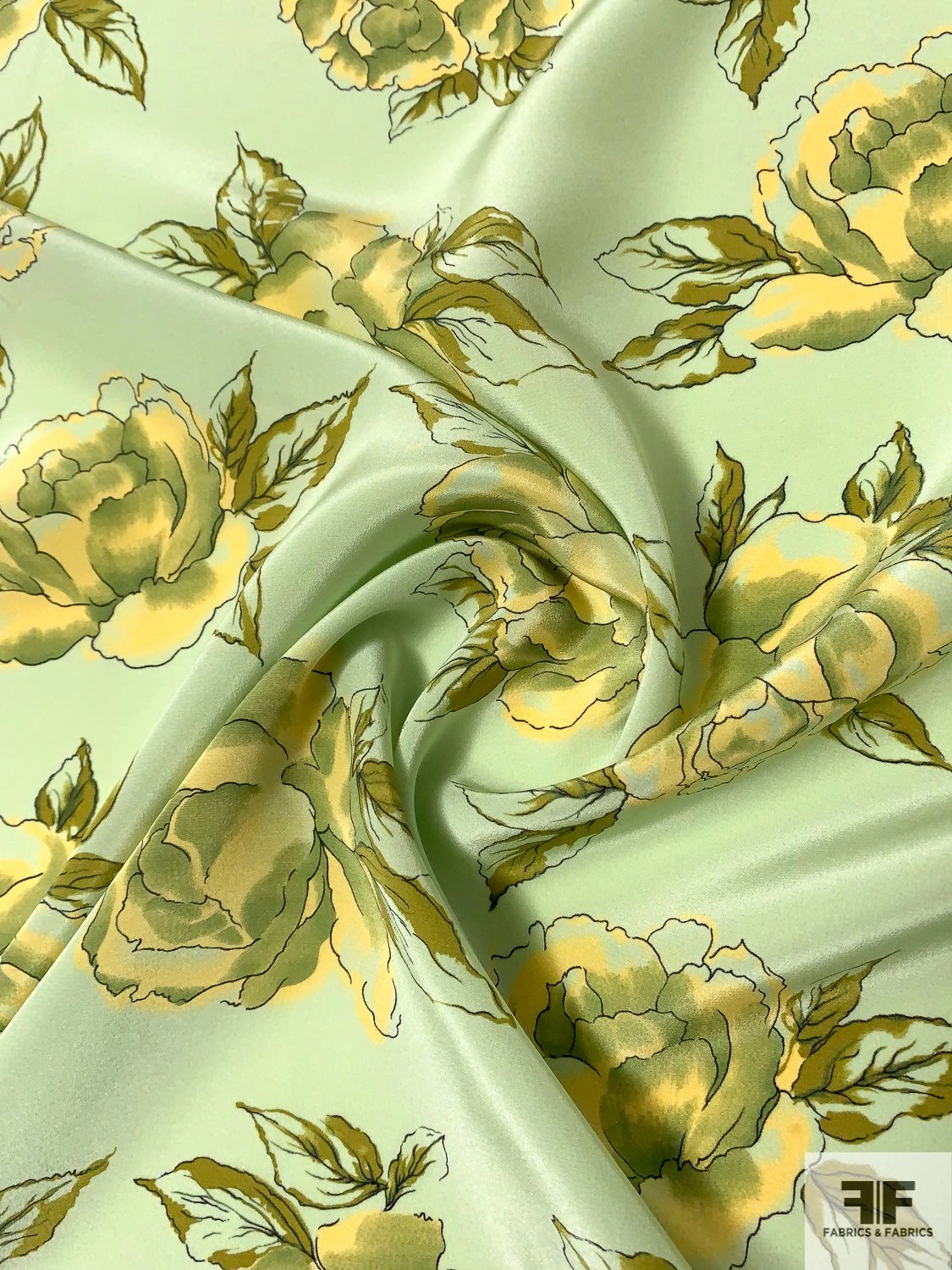 Watercolor Floral Blossoms Printed Silk Crepe De Chine - Mint / Yellow / Olive Green 5 Watercolor Floral Blossoms Printed Silk Crepe De Chine - Mint / Yellow / Olive Green - Image 3