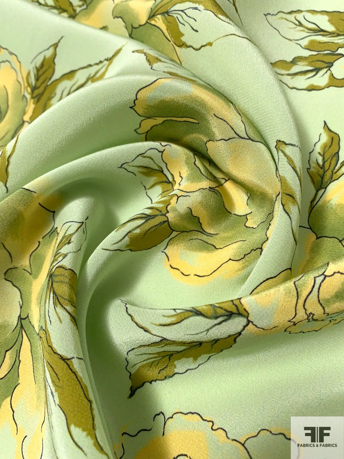 Watercolor Floral Blossoms Printed Silk Crepe De Chine - Mint / Yellow / Olive Green 6 Watercolor Floral Blossoms Printed Silk Crepe De Chine - Mint / Yellow / Olive Green - Image 4